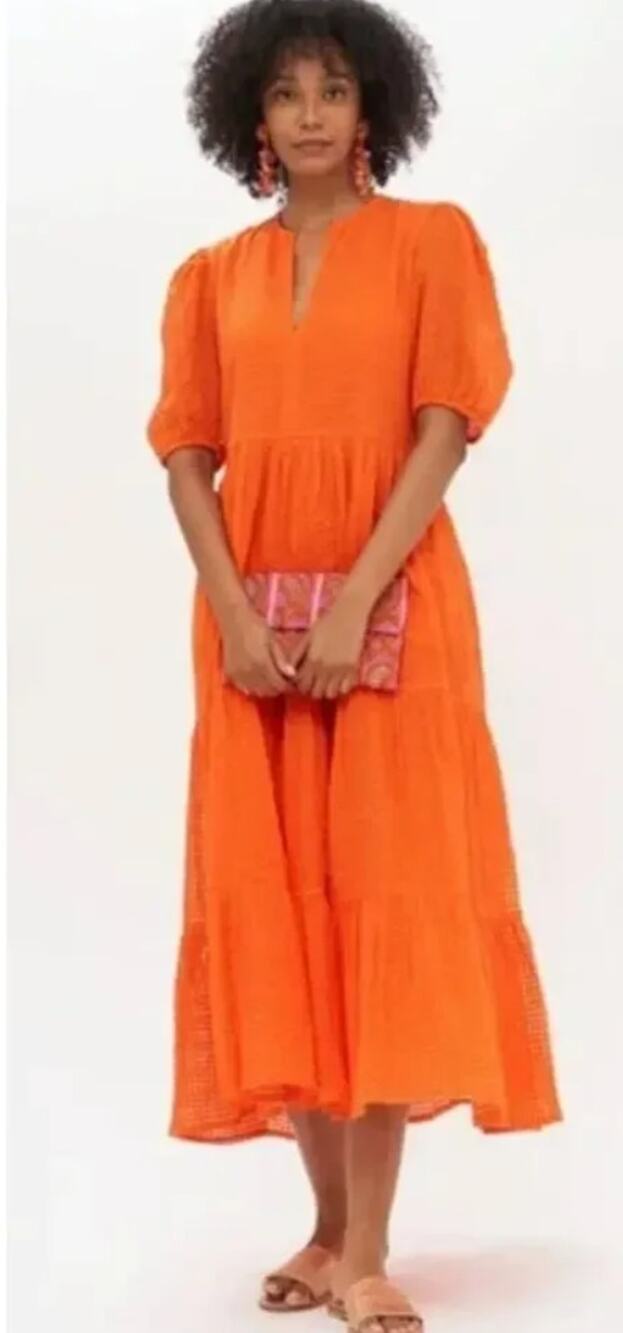 OLIPHANT Tuckernuck Puff Sleeve Maxi Dress Sunset Orange Basketweave Cotton